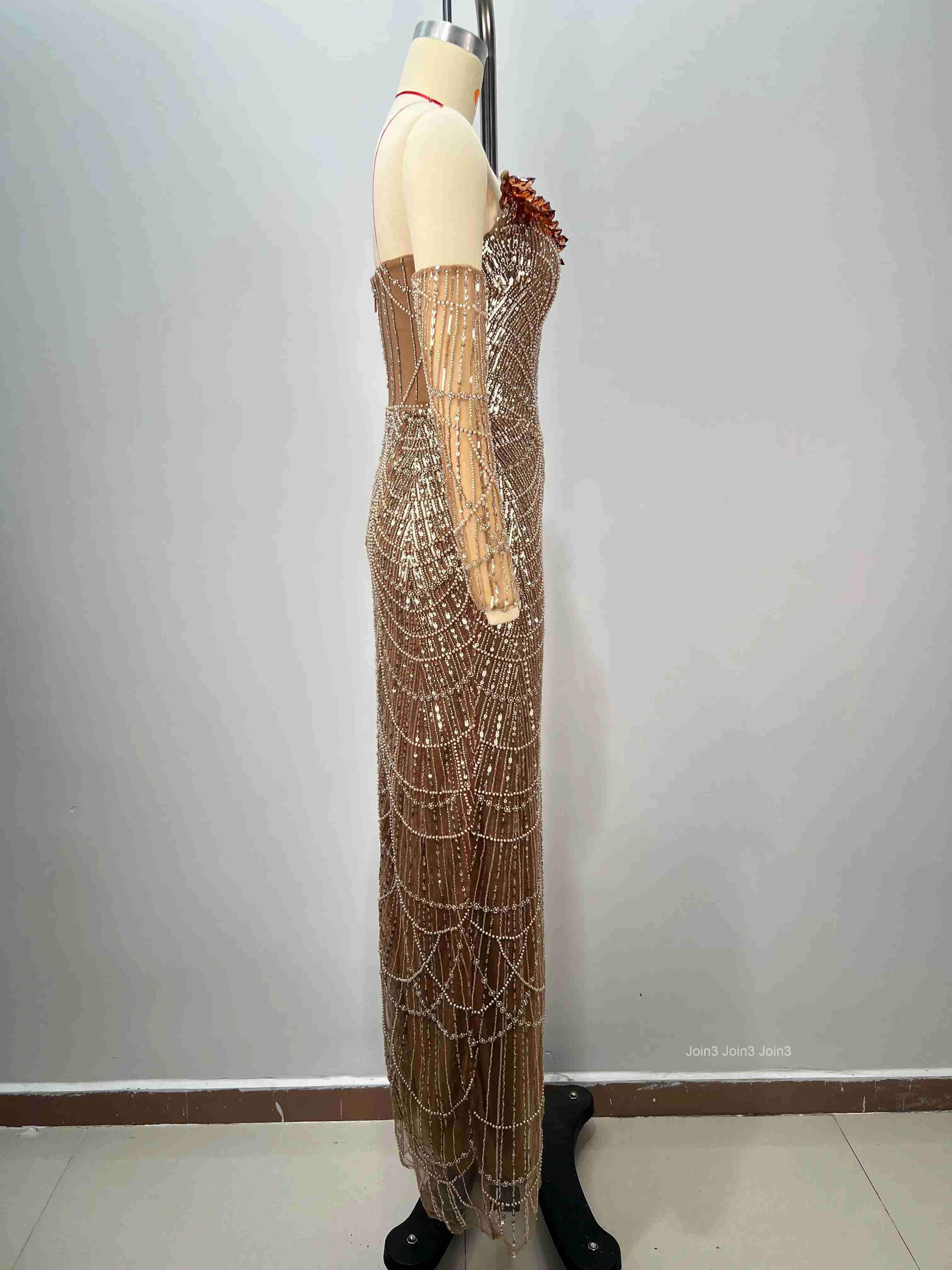 Womens Champagne Bandage Dress Halter Neck Sequin Long Sleeve High Slit Fitted Evening Gown Formal Party Dress