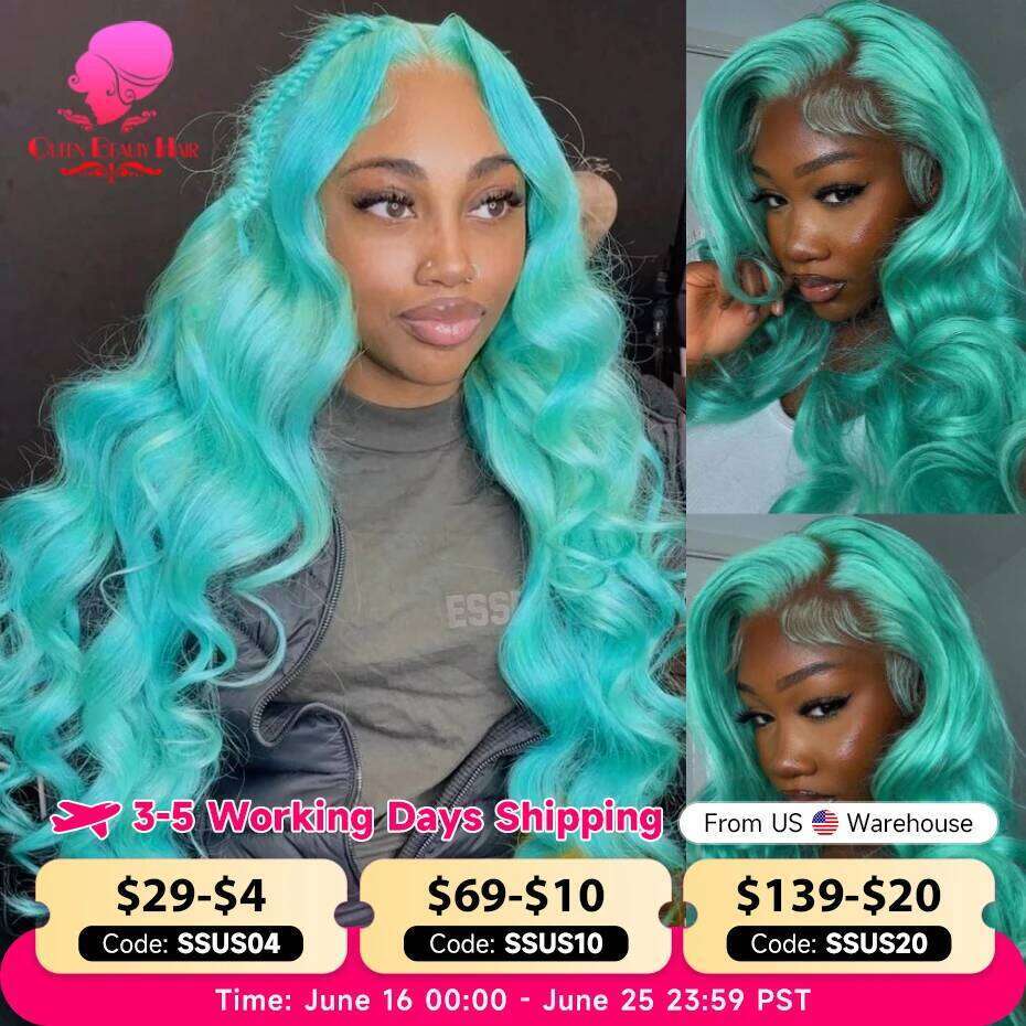 Light Green 13x6 Transparent Front Body Wave Lace Frontal Wigs Pre Plucked Blue Colored Human Hair Wig