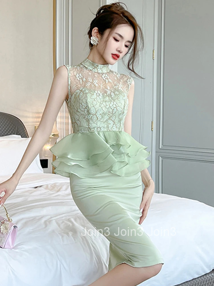 Fashion Fake 2 Pieces Summer Princess Dress For Women Elegant Chic Lace Sheer Sexy Sleeveless Slim Midi Party Prom Mujer Vestido