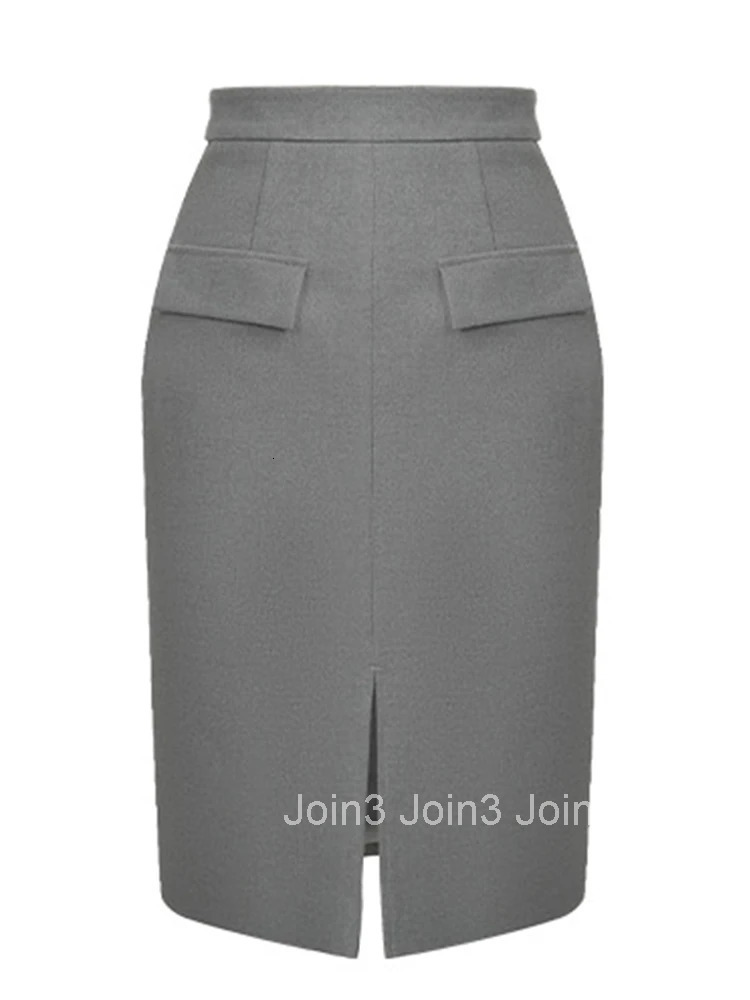 Women Clothes Elegant Lady Formal Occasion Commute Gray High Waist Midi Pencil Skirt Mujer Casual Simple Wrap Hip Skirts Spring