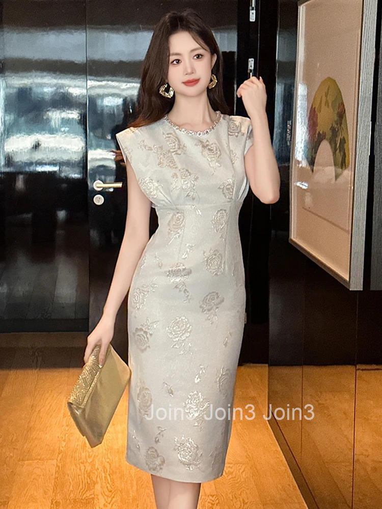 Summer Fashion Work Style Formal Occasion Pencil Dress Women Clothes Elegant Rose Print Sleeveless Slim Midi Party Prom Vestidos