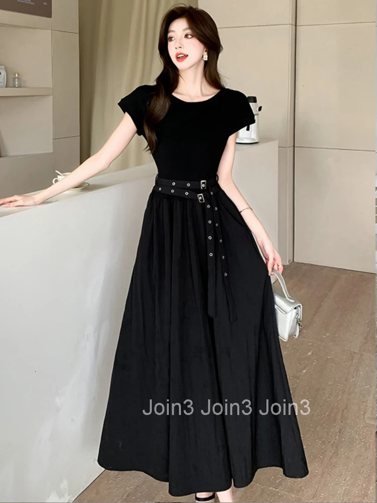 Summer Black Simple A-Line Long Dress Women Elegant Casual O-Neck Short Sleeve Slim Belt Maxi Robe Femme Vestidos Street Clothes