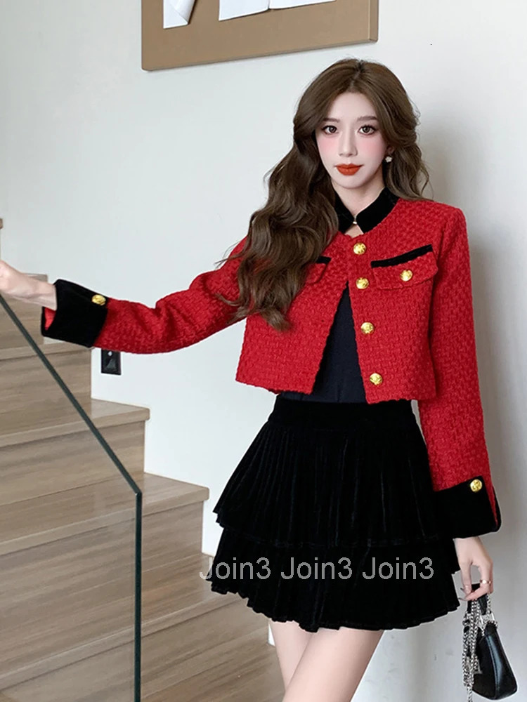 Korean Fashion Vintage 2 Pieces Outfits Women Ladies Mujer Elegant Red Coat Jacket Outwear And Strap Mini Dress Short Set Autumn