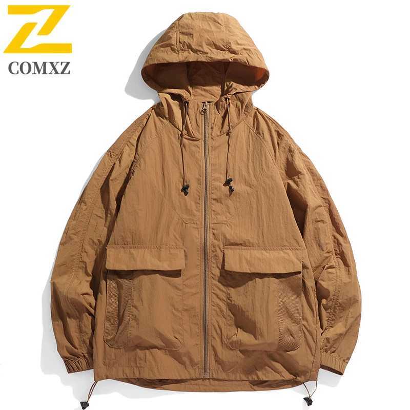 2025 Hooded Jacket Mens Summer Harajuku Solid Color Lightweight Breathable UV Jackets Outdoor Fishing Hiking Skin Windbreaker W250623