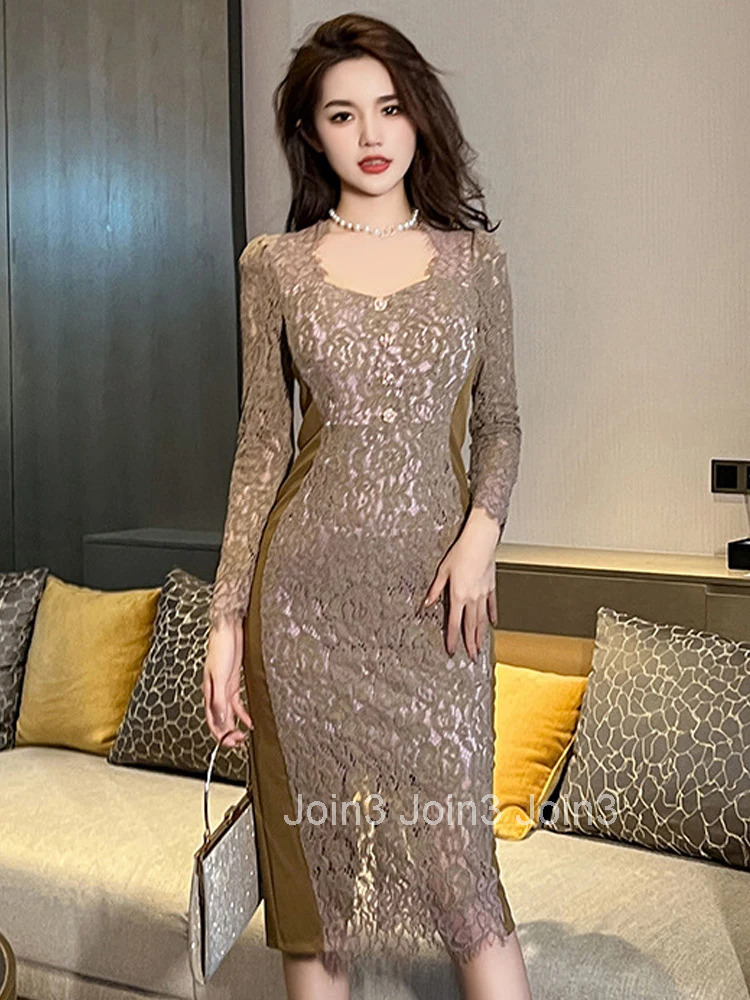 New Spring Fashion Lady Work Style Commute Vintage Lace Dress Women Clothing Elegant Office Square Collar Slim Wrap Hip Vestidos