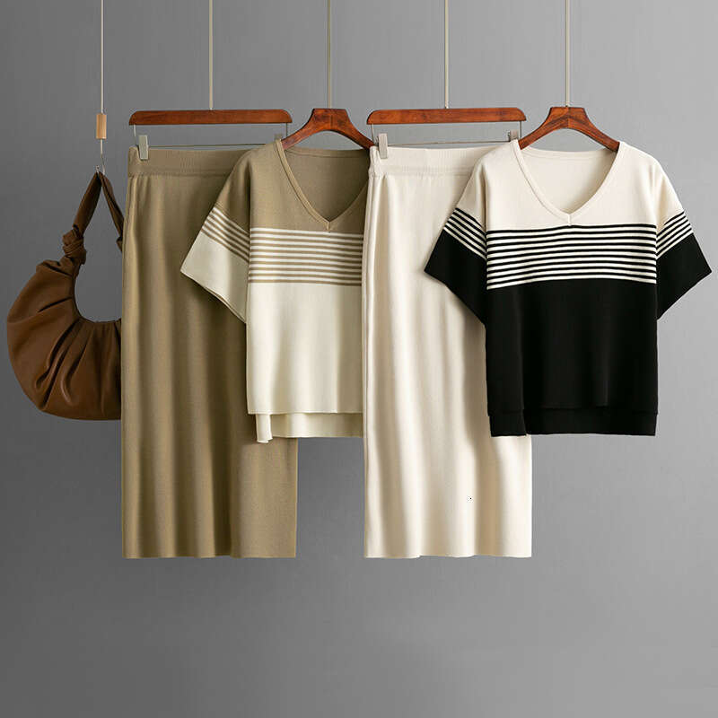 2025 Summer New Fashion Striped Short Sleeve V-neck T-shirt + Casual Skirt Two-piece Set