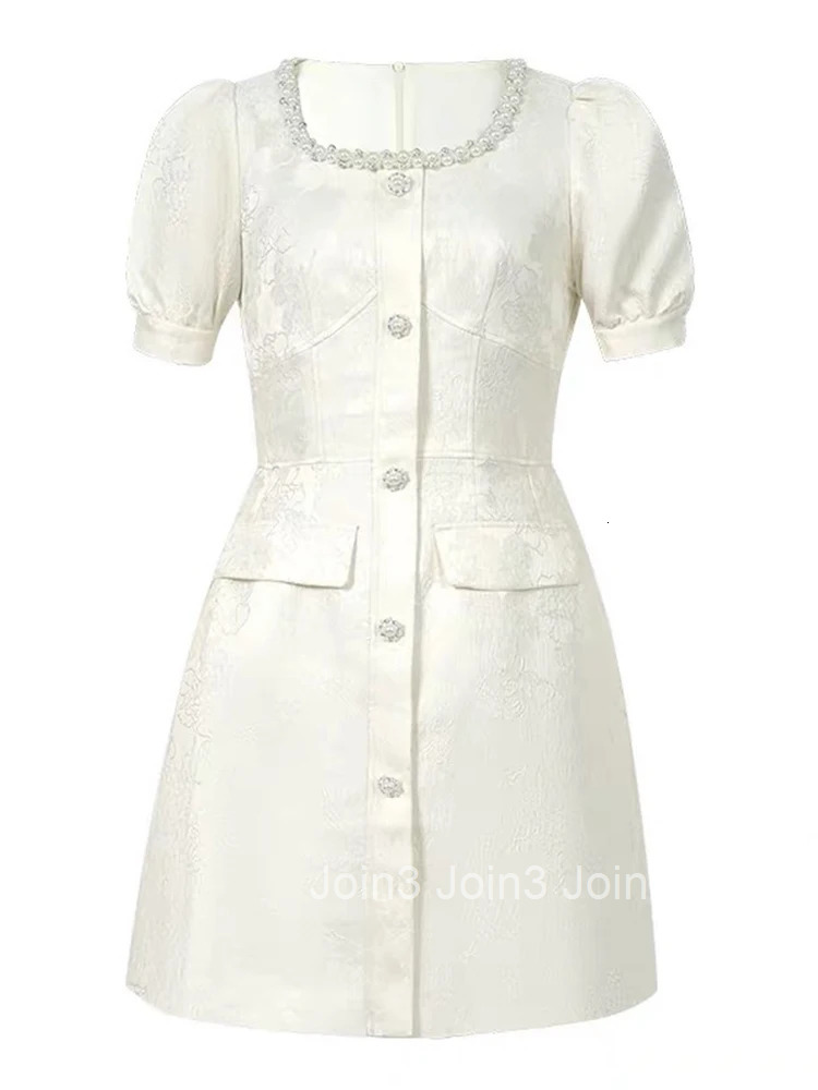 Summer Retro Satin Jacquard Floral A-Line Short Dress Women Clothes Casual Elegant Pearl Square Collar Slim Party Prom Vestidos