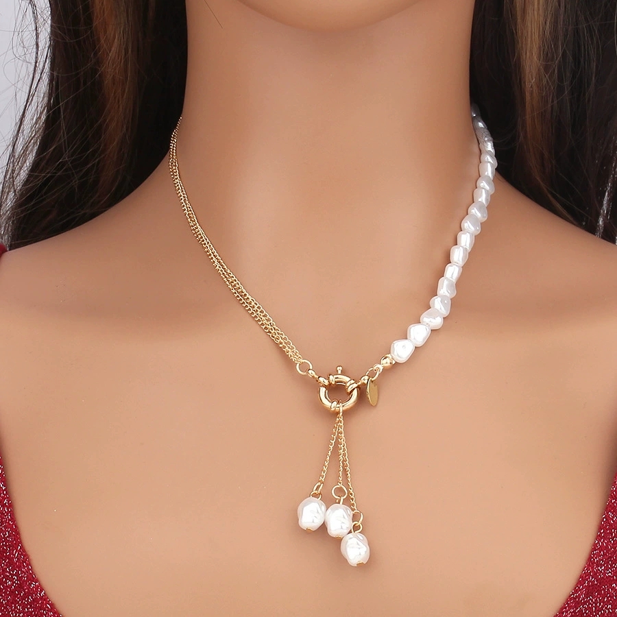 Asymmetrical irregular-shaped imitation pearl tassel necklace mixed with punk fine chain necklaces