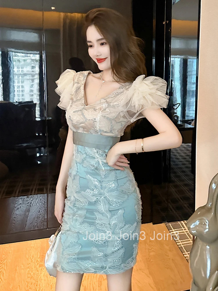 Fashion Summer Formal Occasion Short Pencil Dress Women Ladies Clothing Pretty Chic V-Neck Slim Mini Party Prom Mujer Vestidos