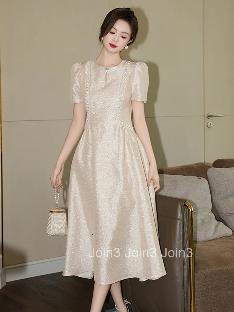 Summer Fashion Elegant Luxury Pearl Sparkly Evening Dress Women Clothes Vintage O-Neck Slim Midi A-Line Robe Party Prom Vestidos