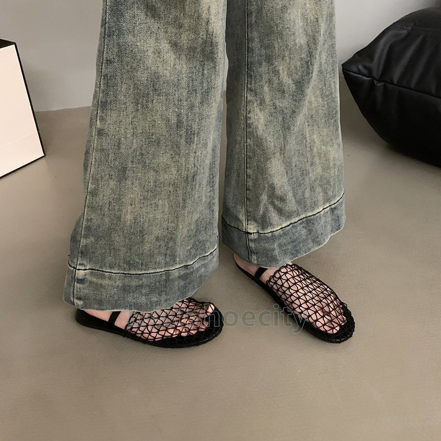 designer sandals summer slides hollow out mesh slippers fishnet women shoes crochet net flats heels sandal fashion simple sandale mules