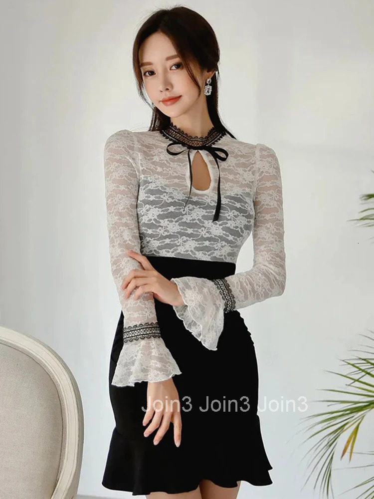 New Korean Fashion Spring Ladies Y2K Lace Splic Short Dresses Women Sweet Sheer Sexy Flare Sleeve Slim Mini Dress Mujer Vestidos