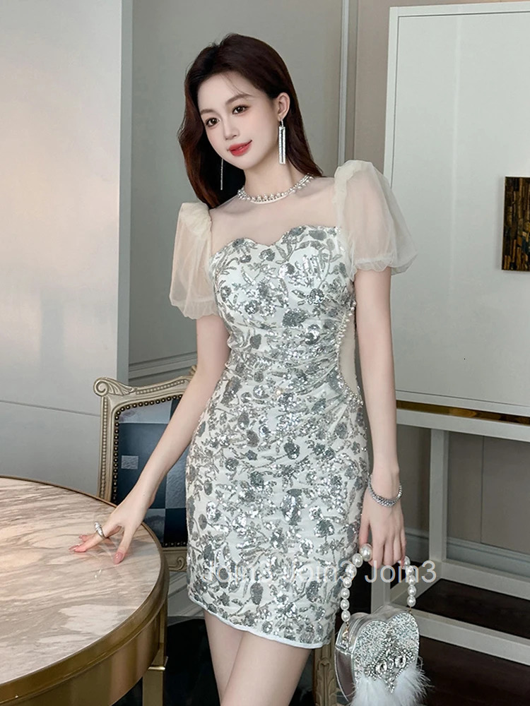 New Summer Retro Elegant Luxury Mesh Silver Sequin Evening Dress Women Clothes Sheer Sexy Short Sleeve Slim Party Prom Vestidos