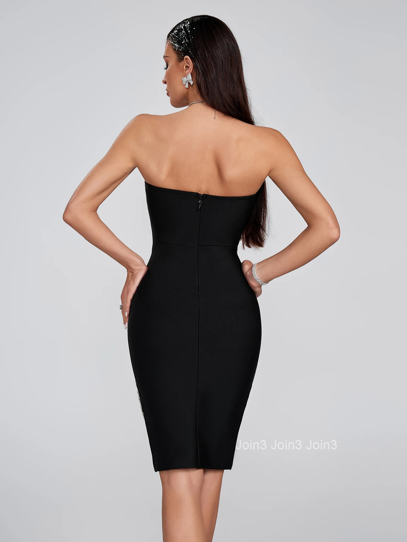 Womens Clothing New Fashion Elegant Black Strapless Chic Diamond Decoraion Heart-shape Gauze Splicing Casual Dress Holiday Wear