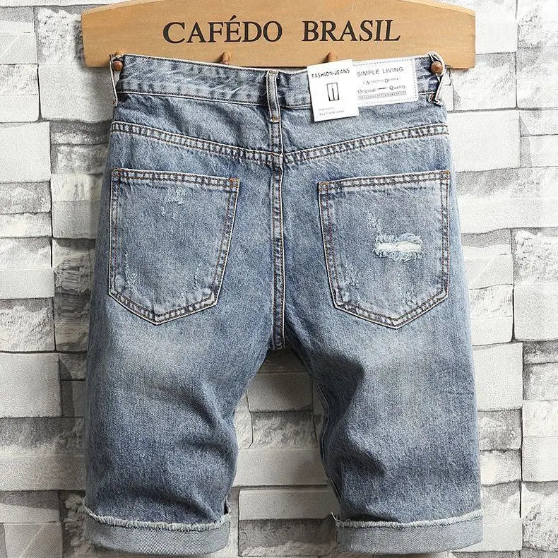 Summer Light-colored Ripped Denim Shorts Mens Loose Pants Mens Korean Trendy Pants for Cool Cowboy Distressed Jeans 250617