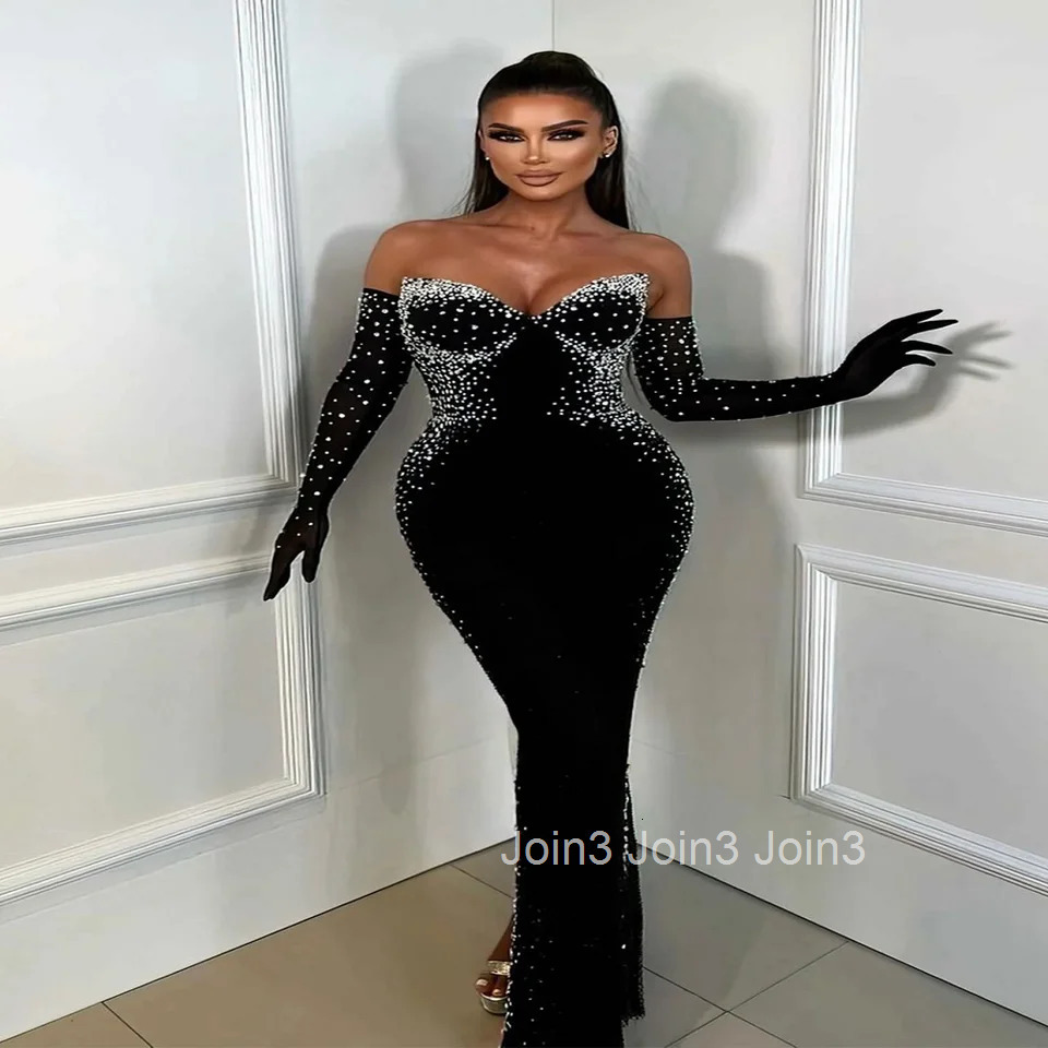 Black Elegant Strapless Dress For Women Sleeveless Backless Bodycone Long Skirt With Gloves Chic Bubble Beads Party Gown 72hShip