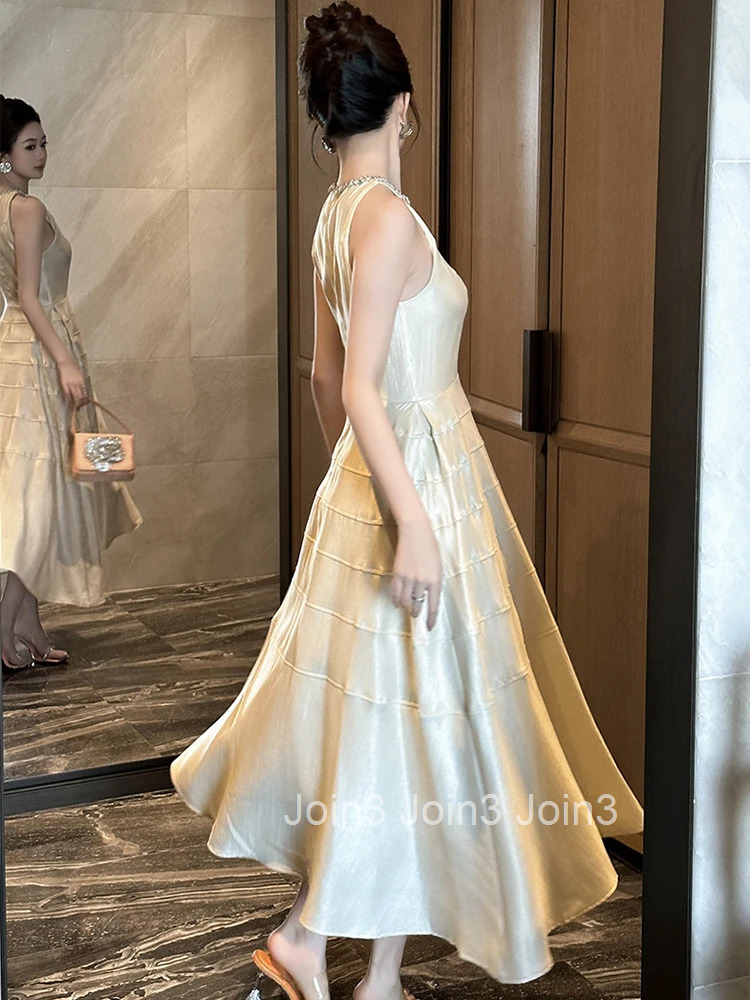 Summer French Fashion Satin Gown Evening Dress Women Clothes Elegant Casual Sexy Sleeveless Slim Midi Robe Party Prom Vestidos