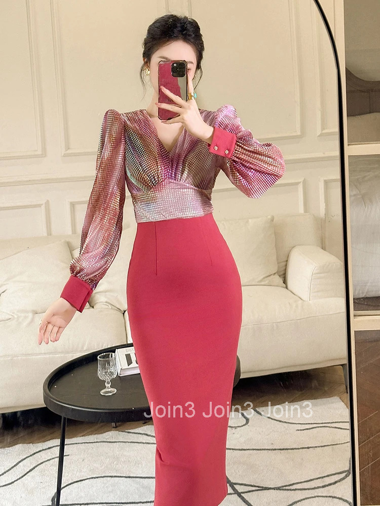 Spring Fashion Lady Work Style Formal Occasion Pencil Dress Women Clothing Elegant Office V-Neck High Waist Slim Midi Vestidos