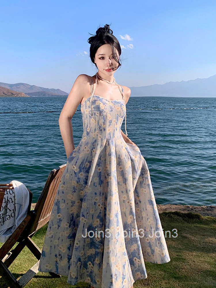 Summer Long Evening Dress Women Clothes Pretty Sweet Print Boho Sexy Strap Slim Midi Party Prom Holiday Robe Femme Mujer Vestido