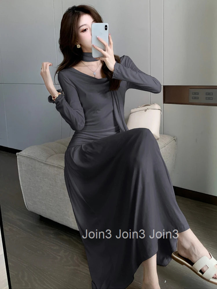 New Spring Autumn Fashion Casual Stretchy A-Line Long Dress Women Clothes Elegant Solid Long Sleeve Folds Slim Maxi Robe Vestido