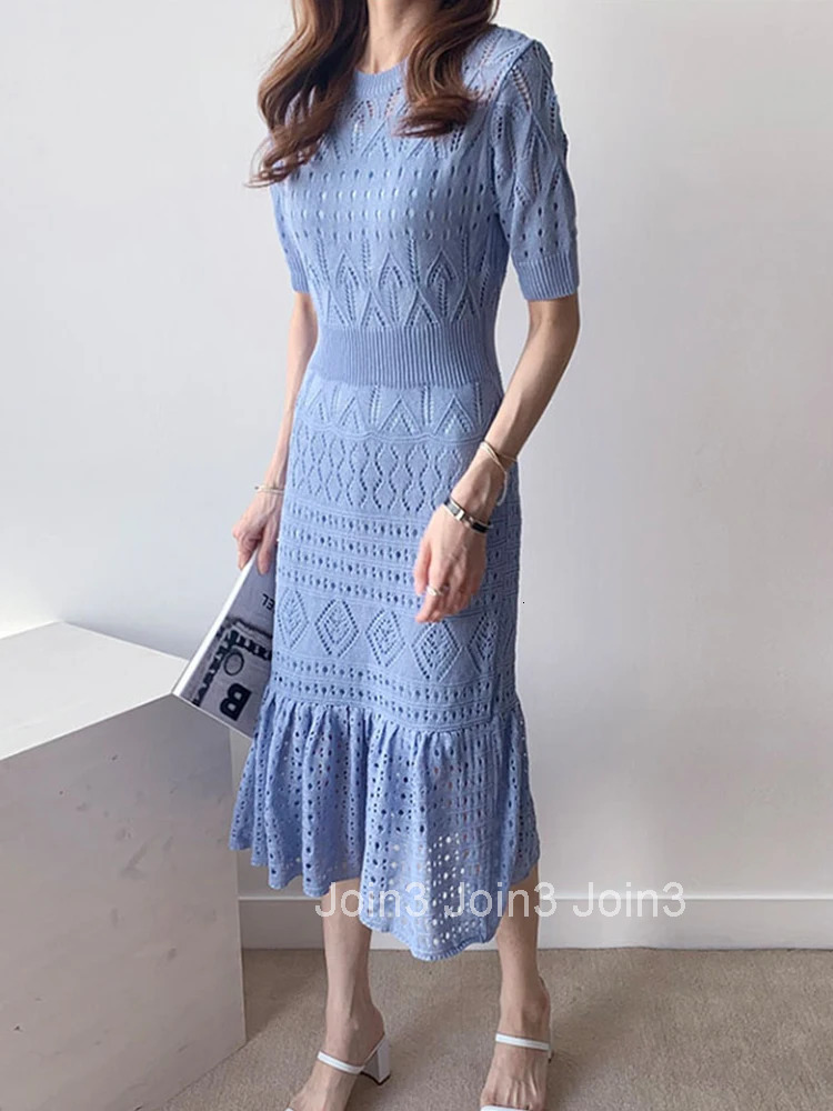 New Arrival Fashion Sets For Women Temperament Autumn Sexy Hollow Out Knitting Bouncy Bodycon Mermaid Dress Two Piece Sets