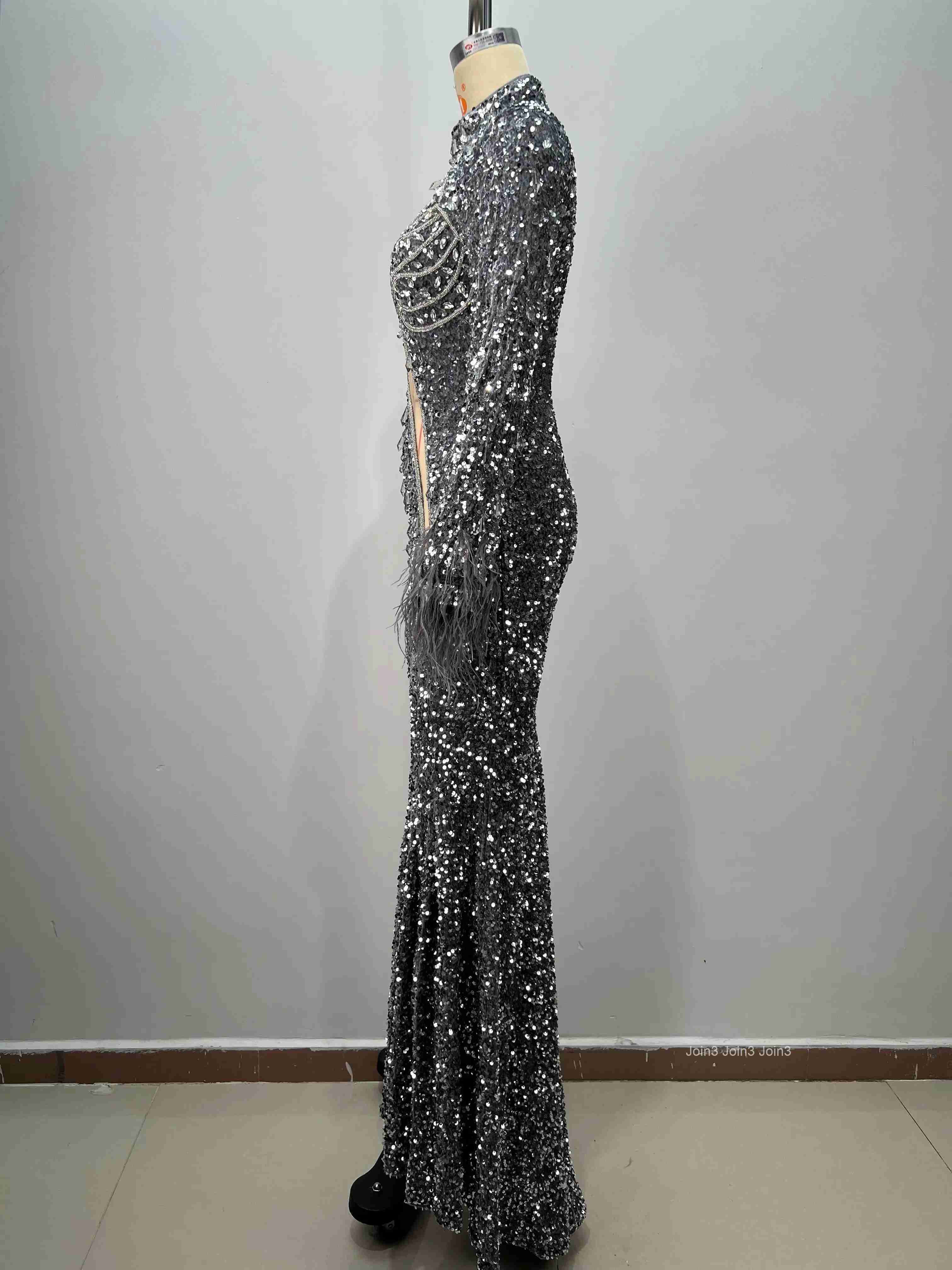Womens Silver Sequin Bandage Dress One Shoulder Fringe Sleeve Embroidered Mermaid Gown Feather Trim Evening Party Dress