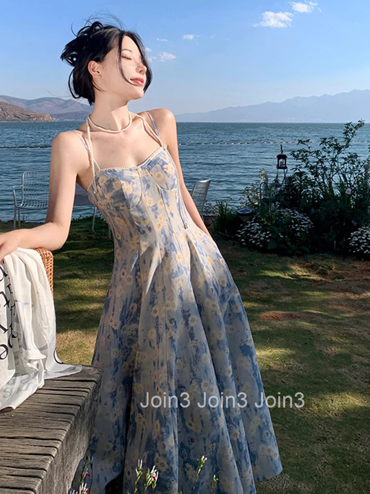 Summer Long Evening Dress Women Clothes Pretty Sweet Print Boho Sexy Strap Slim Midi Party Prom Holiday Robe Femme Mujer Vestido