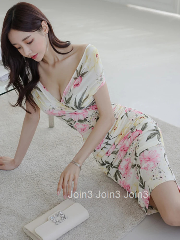 Fashion Summer Retro Party Club Evening Dress Ladies Mujer Elegant Chic Floral Print V-Neck Skinny Midi Prom Vacation Vestidos