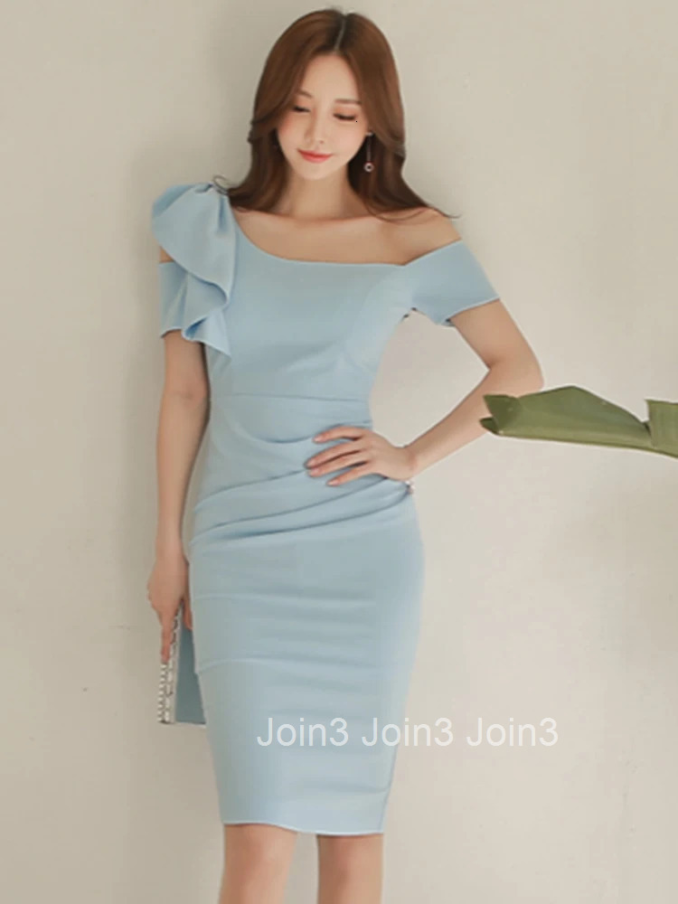 New 2023 Korean Fashion Summer Women Evening Dress Chic Sexy Diagonal Collar Hollow Slim Midi Pencil Party Prom Mujer Vestidos