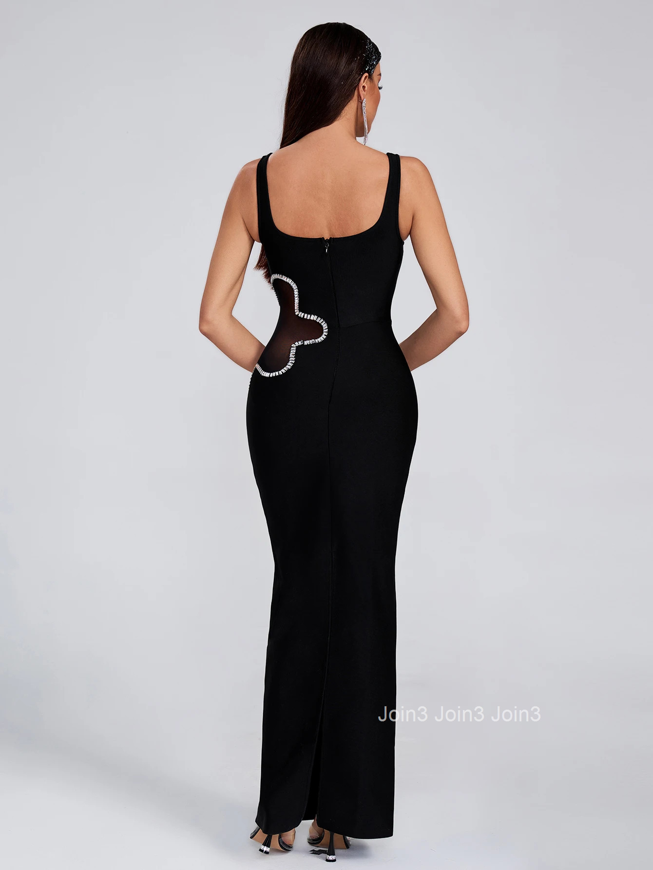 Black Bandage Dress For Women Fashion Waist Side Gauze Splicing Diamonds Decoration Design Long Skirt Evening Party Vestidos