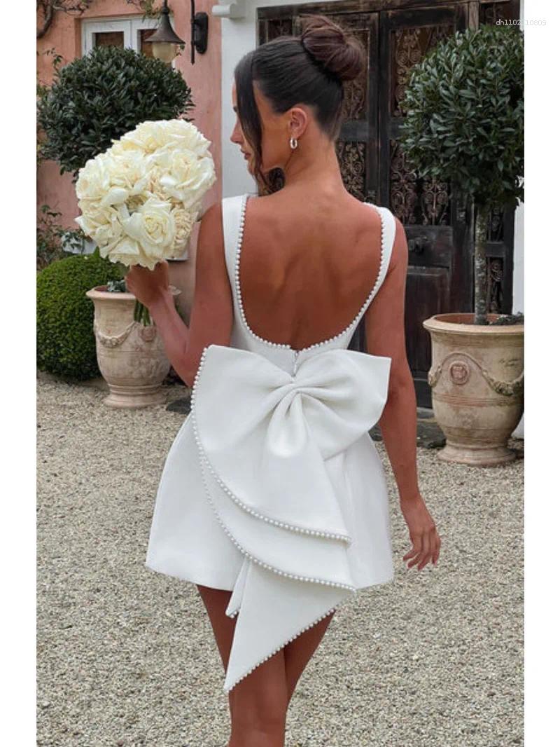 Casual Dresses Elegant Pearl Bow Backless Sexy Mini Dress Women's Luxury Party Short White Black Pink Birthday Evening Wedding P4ZQ