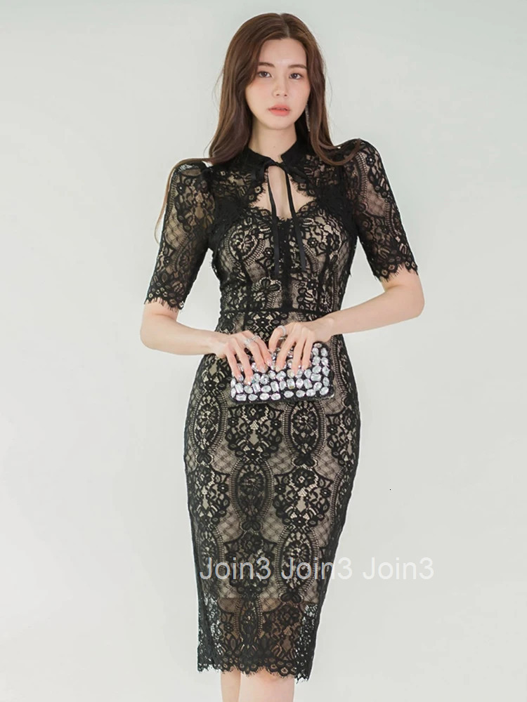 Korean Fashion Lace Pencil Dress Women Ladies Clothes Elegant Solid Hollow Sheer Sexy V-Neck Slim Midi Party Prom Mujer Vestidos