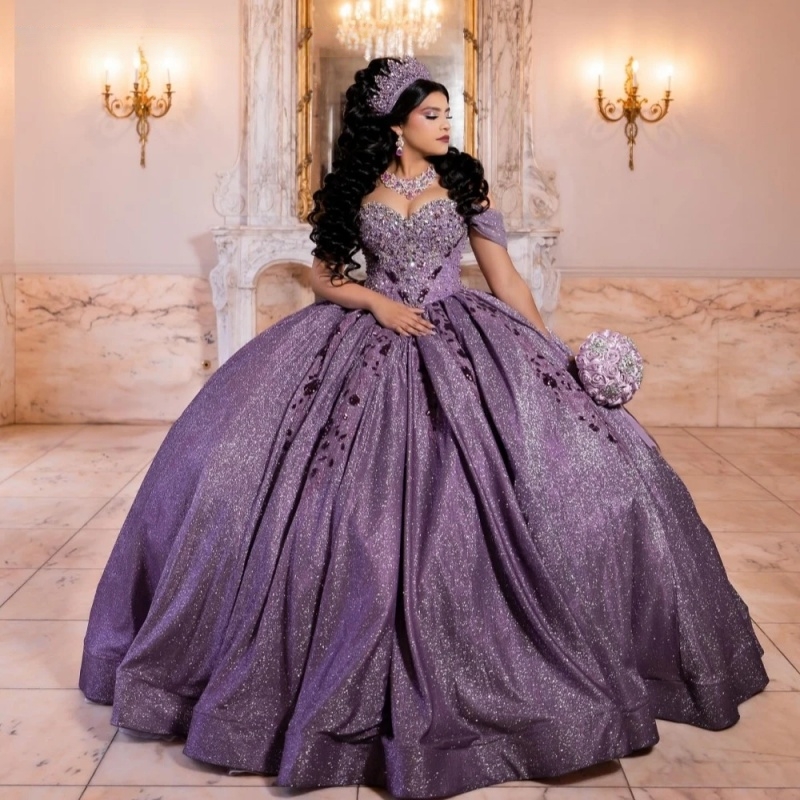 Purple Shiny Ball Gown Quinceanera Dresses Glitter Lace Applique Beading Crystal Bow Tull Sweet 16 Dress Vestidos De 15 Anos