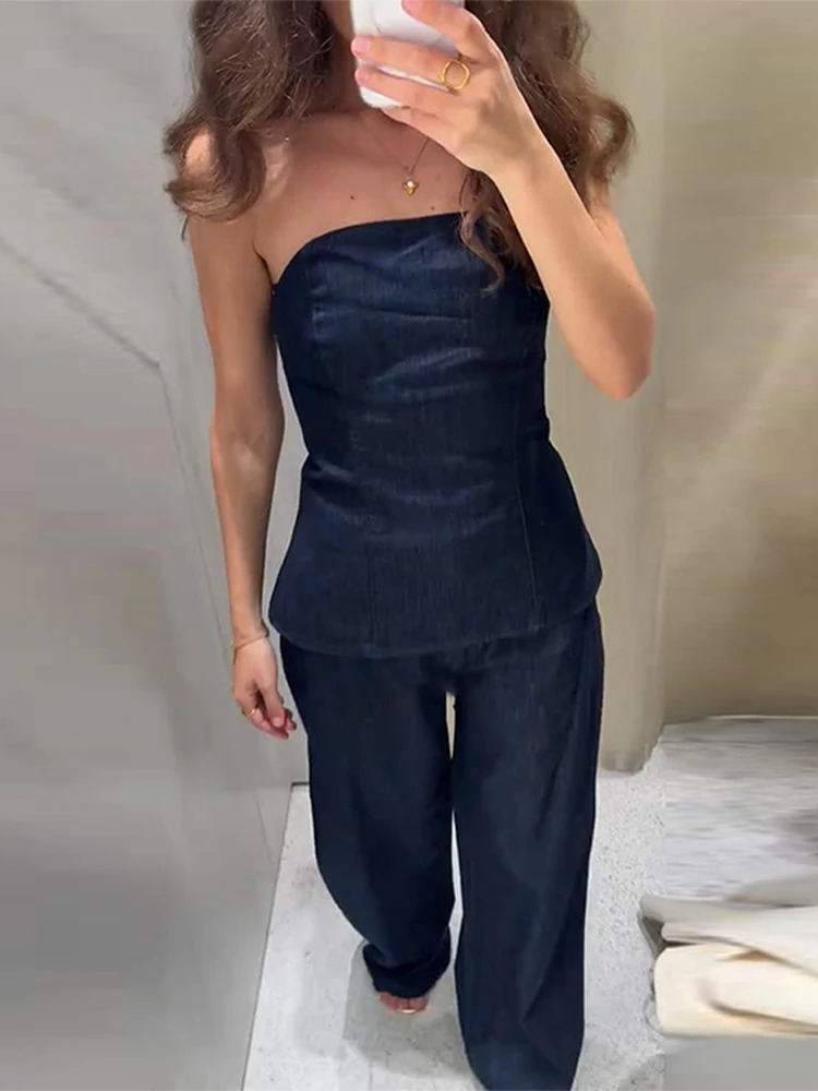 Vintage Denim Pants Suits Set Strapless Top Matching High Waist Wide Jeans Summer Female Chic Casual Daily Two Piece Outfit 250616