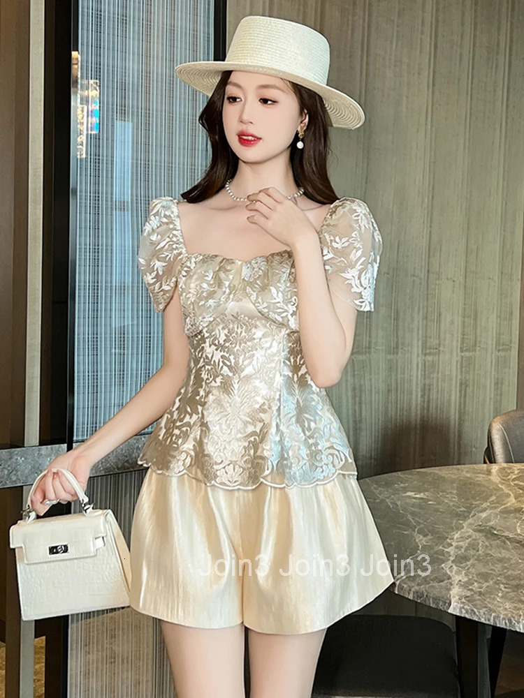 New Fashion Summer Sweet 2 Pieces Outfit Women Clothes Lace Square Collar Tops Shirt Blouse And High Waist Shorts Mujer Slim Set