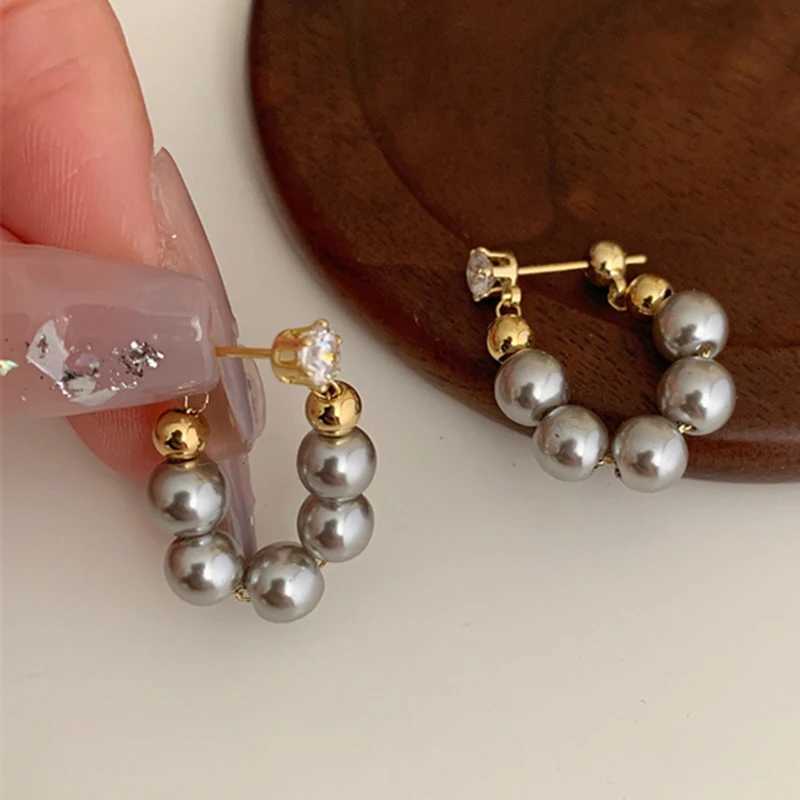 New Delicate Gray Pearl Zircon Hoop Earrings for Women Vintage Elegant Crystal Beaded Earrings Bride Wedding Jewelry Gifts XJ250623