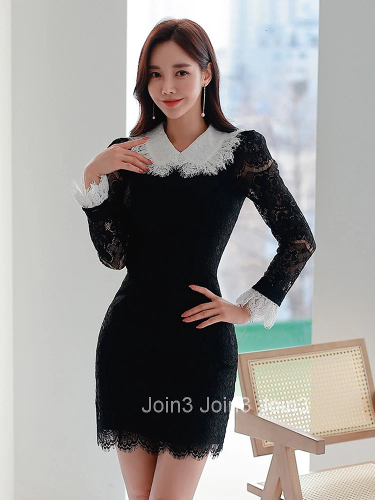 Preppy Style Fashion Lady Lace Short A-Line Dress Women Elegant Sweet Peter Pan Collar Slim Mini Mujer Vestidos Street Clothes