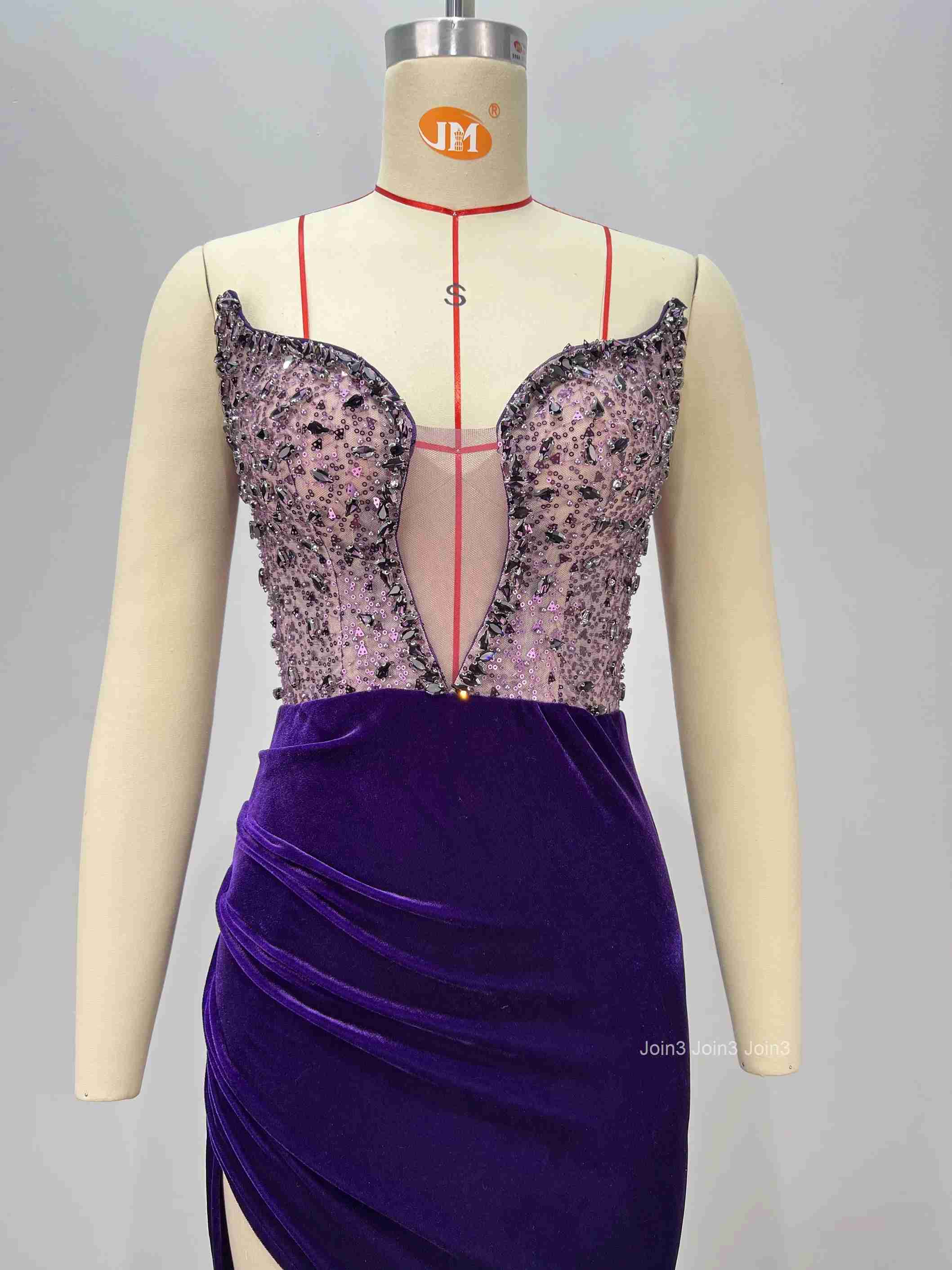 Womens Bandage Crystal Embellished Strapless Dress with High Slit Sexy Purple Evening Gown Prom Party Dress