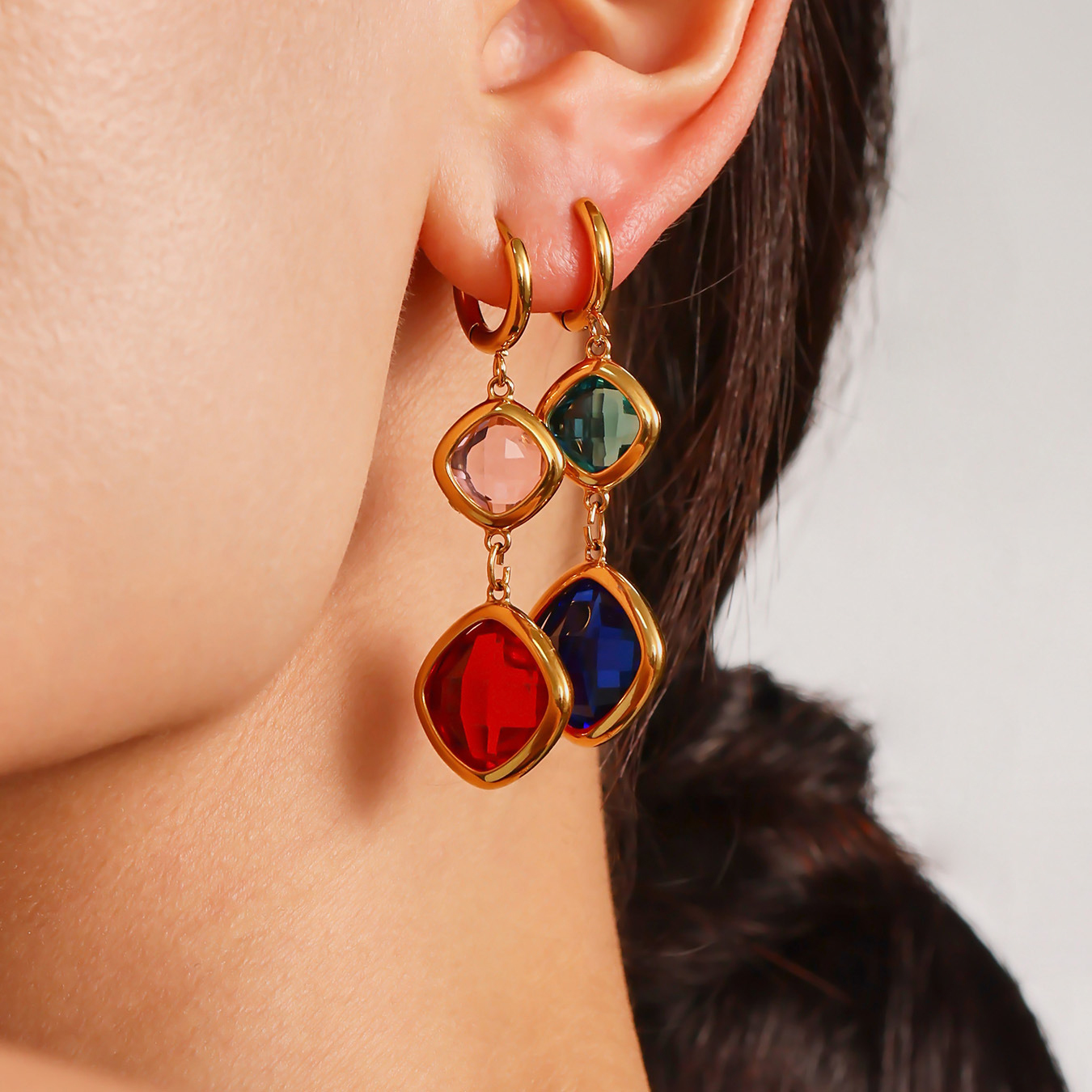 18K Gold Plated Boho Gold Crystal Drop Earrings, Pink & Red Square Charm Earrings for Party/Wedding Hypoallergenic