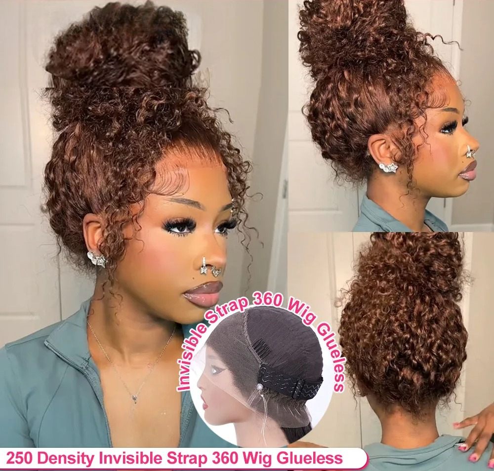 Chocolate Brown Human Hair Wig 360 Full Lace Wig 250 Density Curly Human Hair Wig Ready To Wear Glueless Wig Deep Wave Frontal Wig On Clearance Sale
