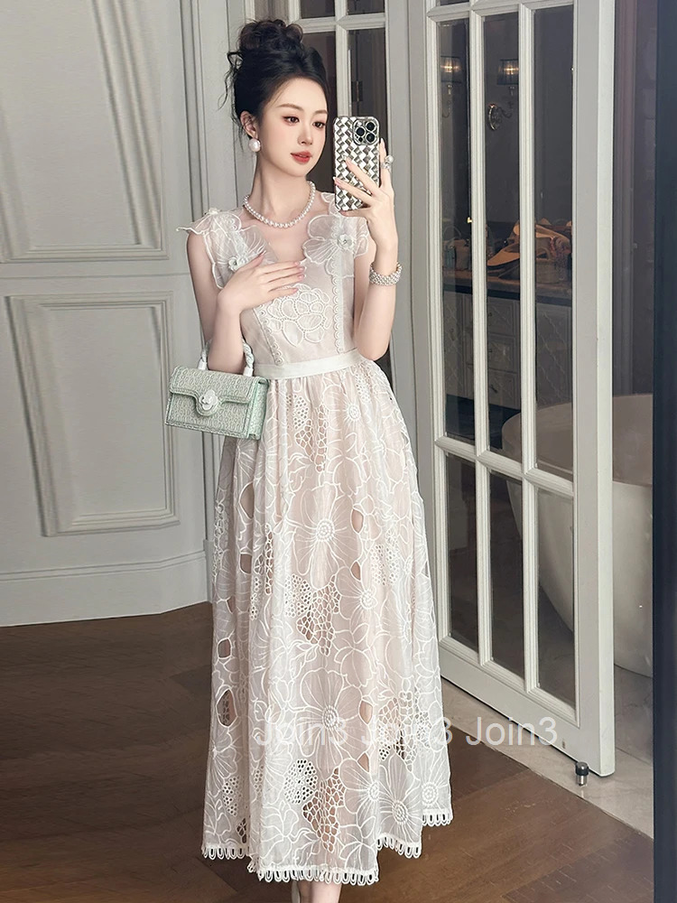 Summer Fashion Lace Floral Embroidery Vacation Evening Dress Women Clothes Elegant Tank Slim A-Line Maxi Robe Party Prom Vestido