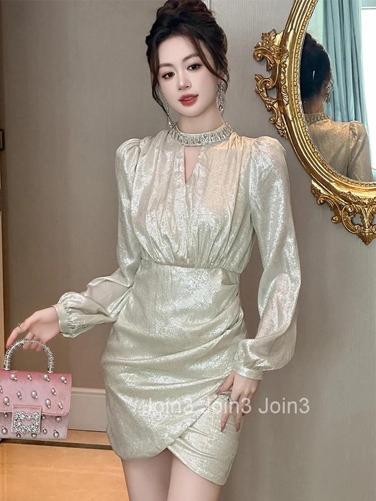 New Autumn Winter Fashion Elegant Luxury Asymmetrical Short Dress Women Clothes Hollow Sexy Puff Sleeve Slim Party Prom Vestidos