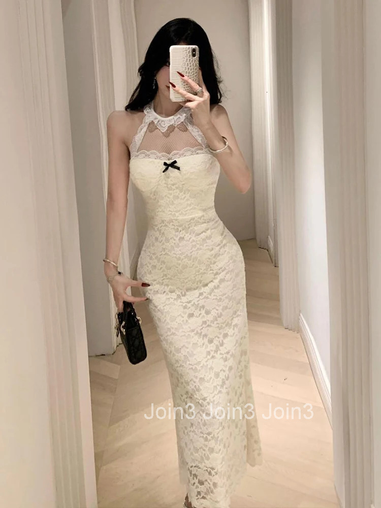 Women Clothes Sweet Lace Floral Sheer Sexy Halter Backless Slim Maxi Long Dress Elegant Ladies Fashion Party Prom Vestidos Robe