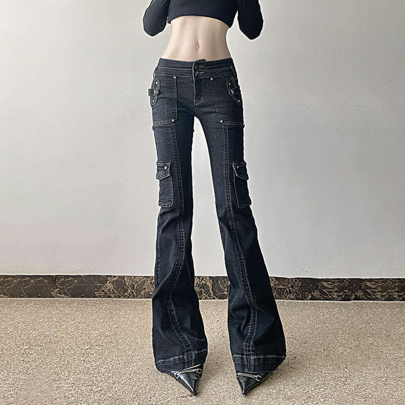 Unique American Style Workwear Pocket Denim Flared Washed Vintage Design Low Waist Hot Girl Casual Long Pants B5