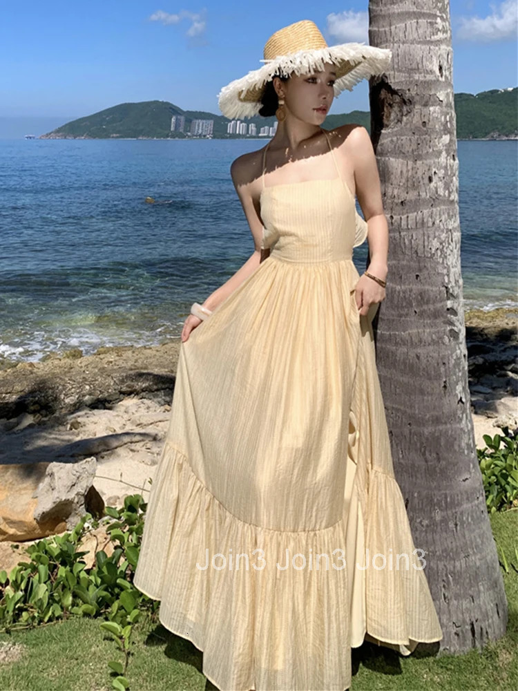 Women Vacation Clothes Sweet Sexy Sling Backless Slim A-Line Maxi Long Dress Elegant Fashion Party Prom Vestidos Robe Beach New