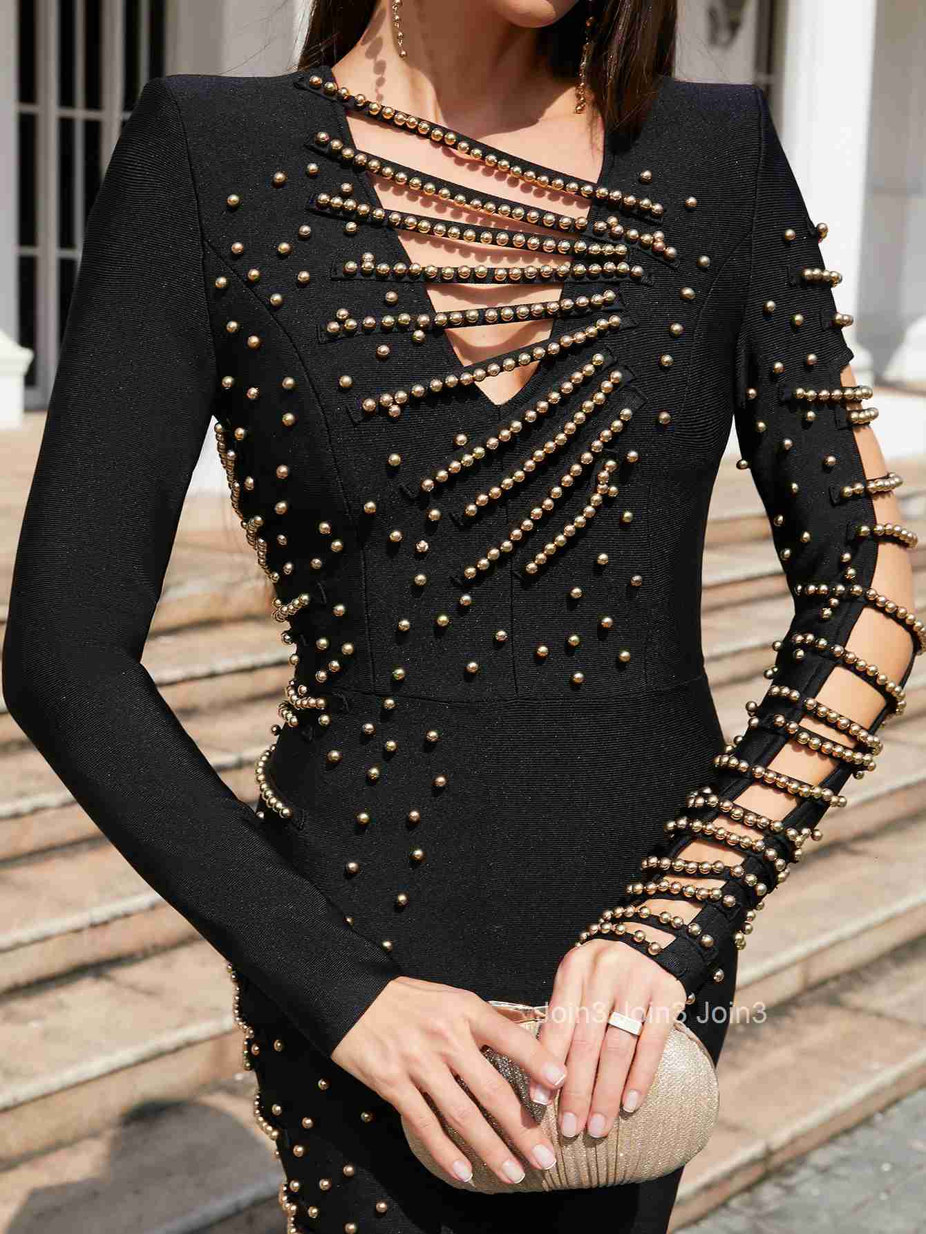 New Chic Womens Clothing Bodycone Slit Beading Fashion Sexy Evening Party Prom Gown Long Sleeves V-neck Bandage Dress