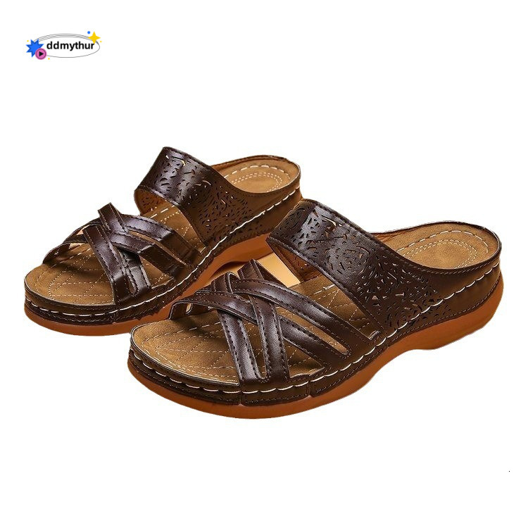 2023 Summer New Women's Shoes One-Strap Wedge Thick Sole Stitched Hollow Large Size Mom Sandals Slippers ddmythur