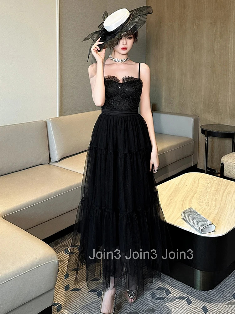 New Summer Birthday Black Mesh Gown Evening Dress Women Clothes Sexy Sling Slim A-Line Long Maxi Robe Party Club Vestidos Fiesta