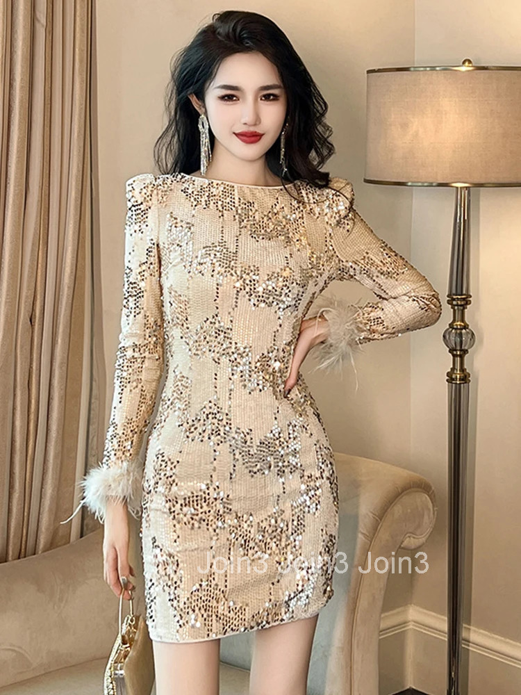 New Fashion Velvet Sequins Evening Short Dresses Women Clothing Elegant Chic O-Neck Skinny Mini Party Prom Dress Mujer Vestidos