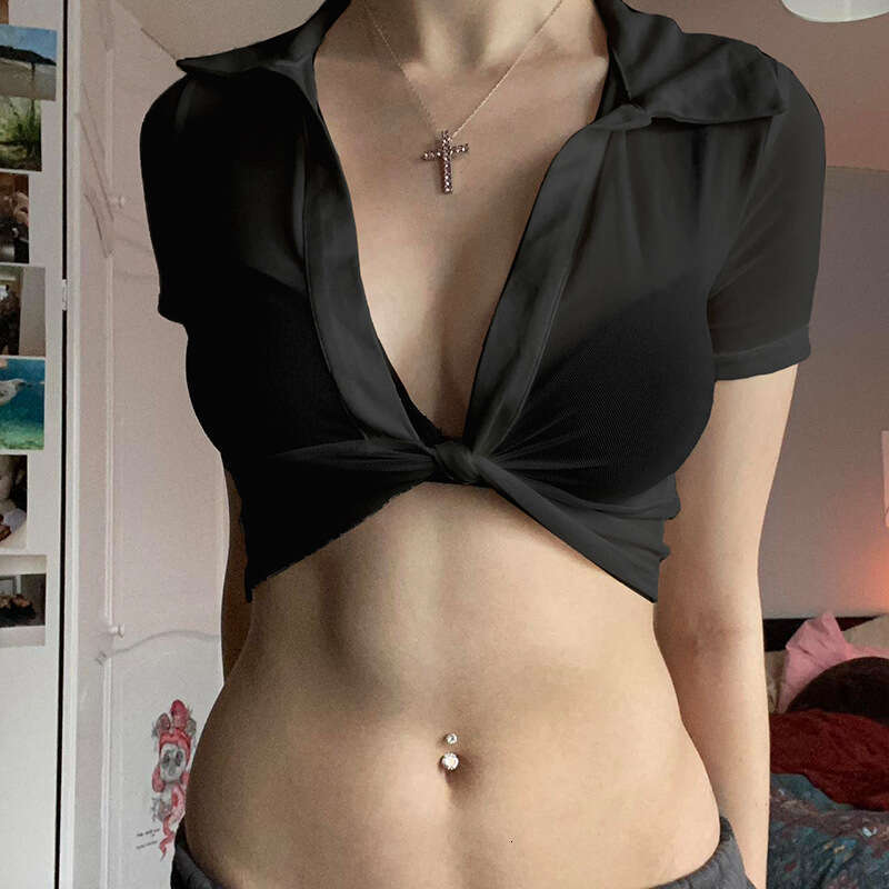 Sexy Subtle See-Through Mesh Turn-Down Collar Twist Knot Design Short Outerwear Solid Color Top B5